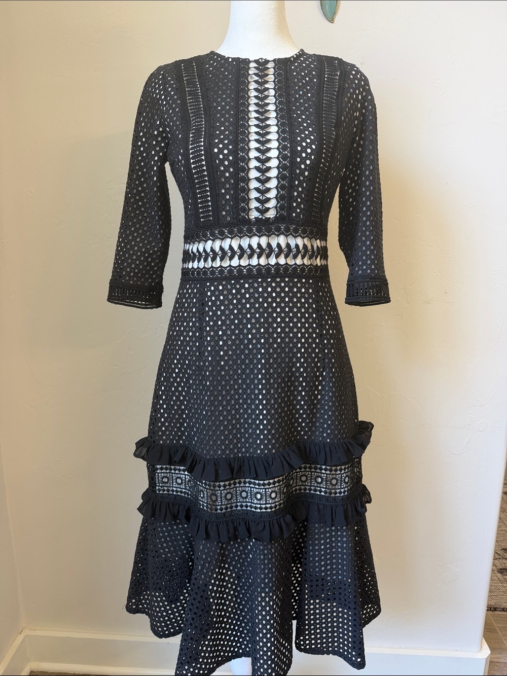 Dainty Jewells Black Crochet Midi Dress with Lace Insets